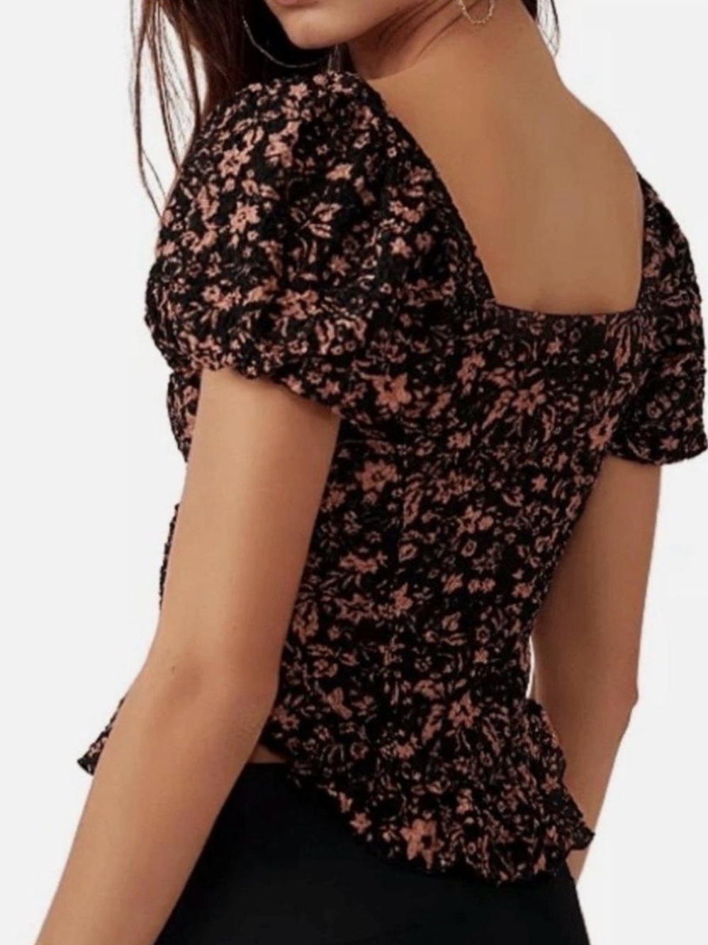 Free People Black Puff Sleeve Floral Lace-Trim Blouse oh baby corset medium - Picture 5 of 11
